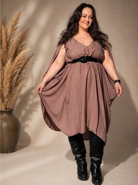 Taupe Chiton Dress | Boho Goddess Cape Sleeve Dress | Plus Size Flowy dress